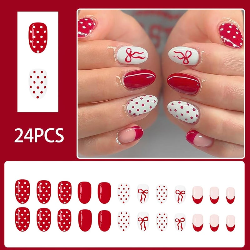 ASABITE 24Pcs Short Almond Press on Nails Cute Bow Polka Dot Press on Nails Valentines Fake Nails with Glue Red French Tip Valentine’s Day Nails Red White Full Cover Glue on Nail Bow Stick on Nail for Women - Image 2